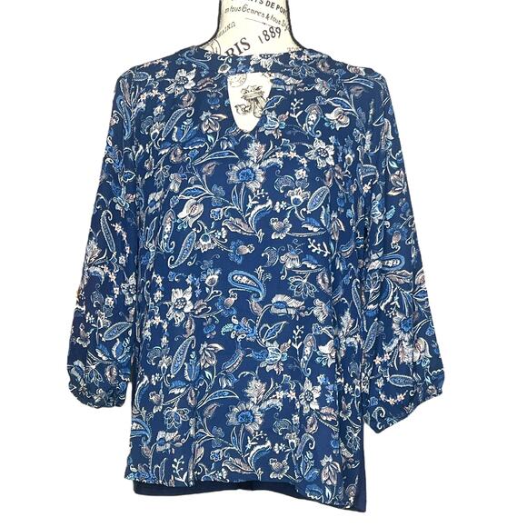 Papermoon SMALL Mixed Material Keyhole Top - Stitch Fix 3/4 Sleeve Blouse - Picture 1 of 12